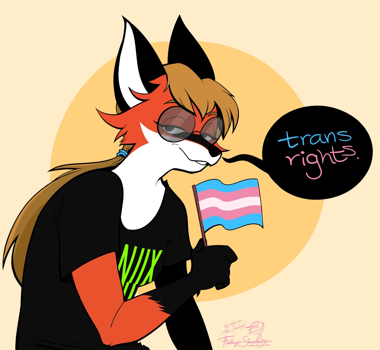 xenia the fox, the unofficial official linux mascot, holding up a trans flag and saying 'trans rights.' drawn by @cathodegaytube